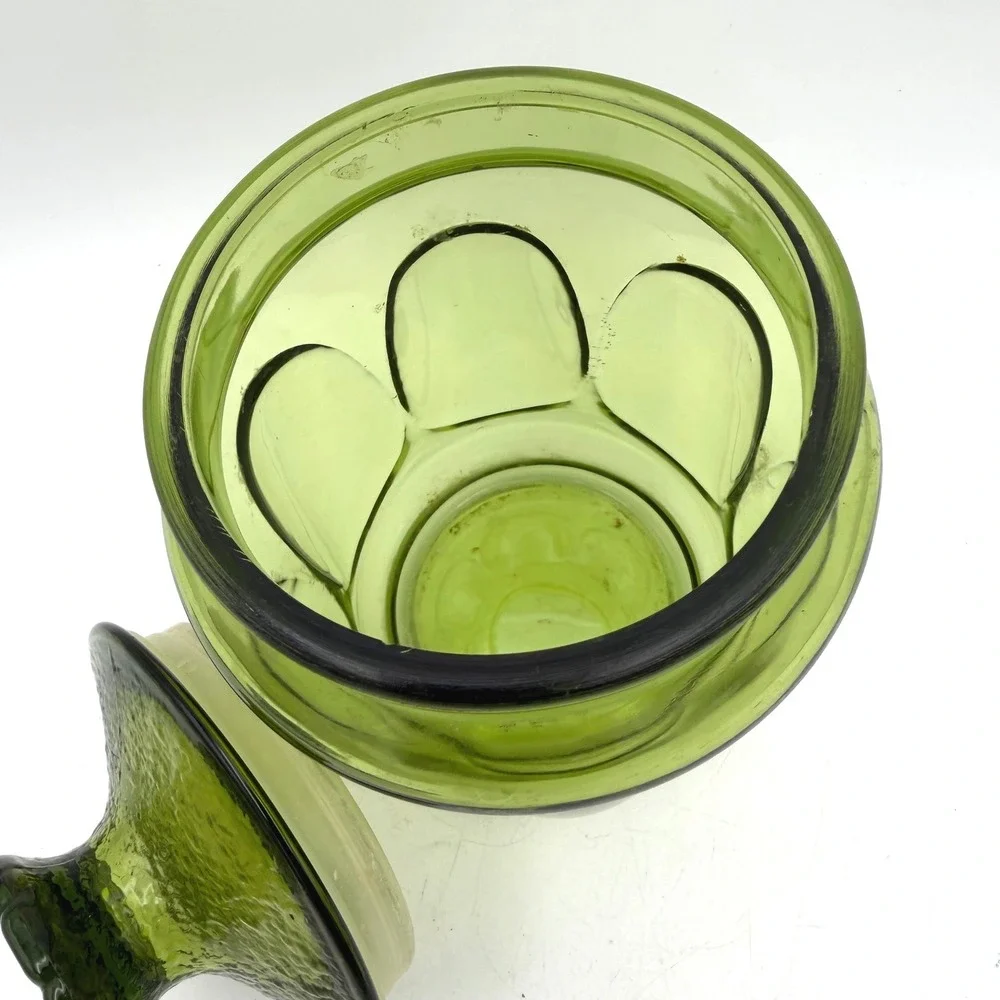 Vintage 1970s LE Smith Green Bubble Glass Apothecary Jar Canister with Lid 8